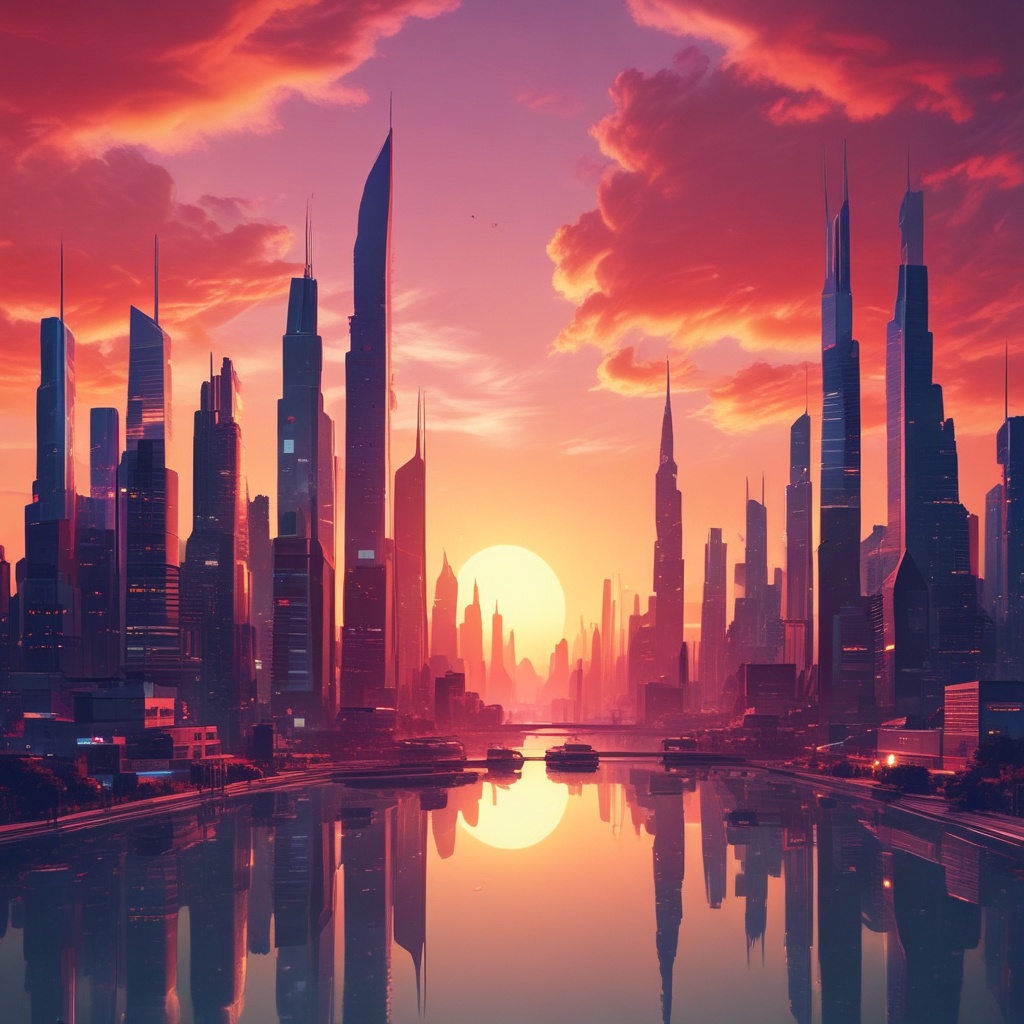 A futuristic cityscape at sunset